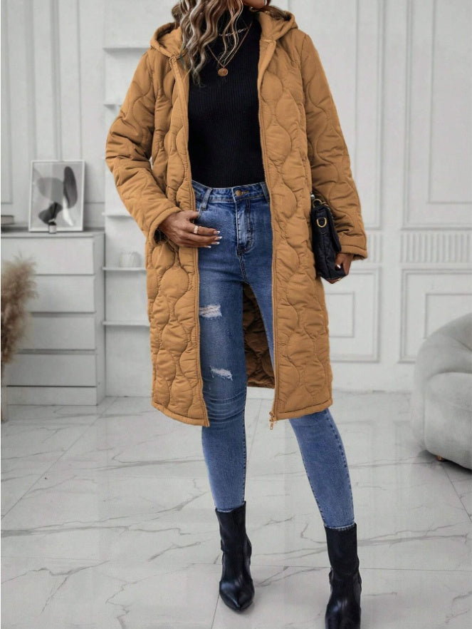 Ladies' Solid-Colored Zipper Fly Hooded Padded Coat