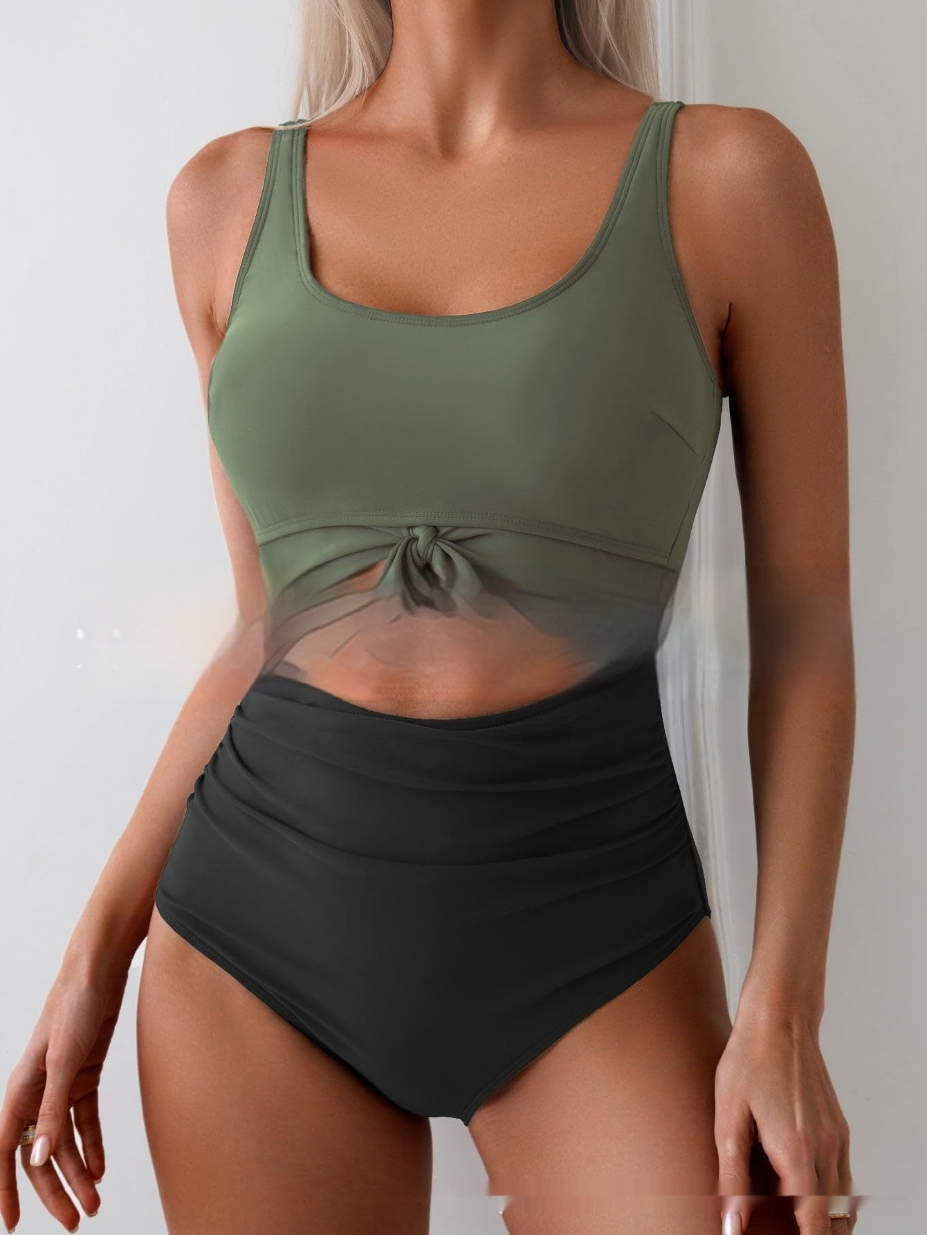 One-piece Female Stitching Contrast Color Strap Covered Belly Swimsuit