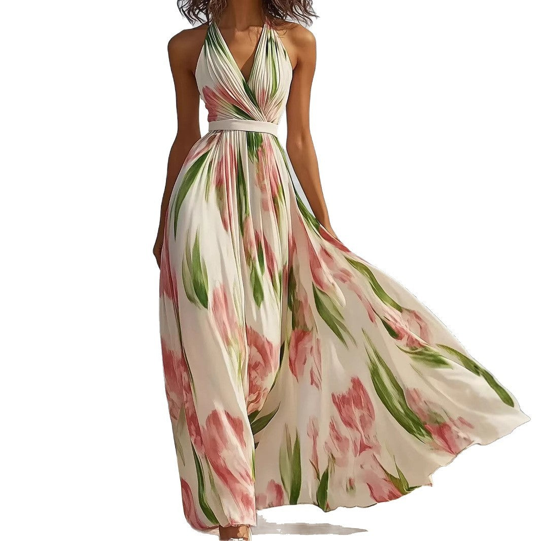 Summer New V-neck Fashion Printed Sling Long Dress