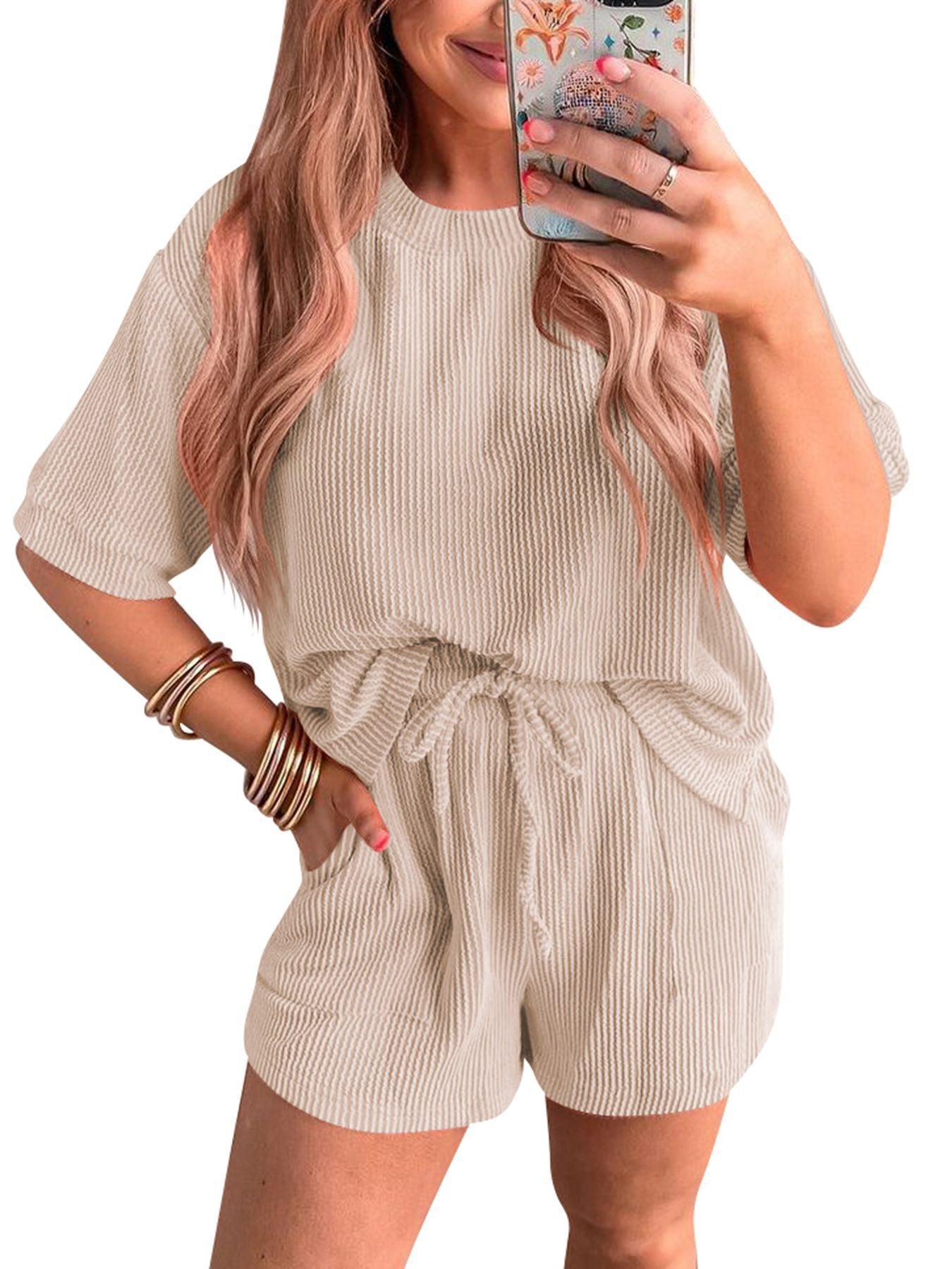 Short-sleeved Wavy Round Neck Top Elastic Waist Shorts Two-piece Set