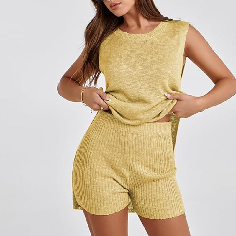 2pcs Women's Knitting Suit Summer Loose Round Neck Split Vest Top And Shorts Beach Clothing