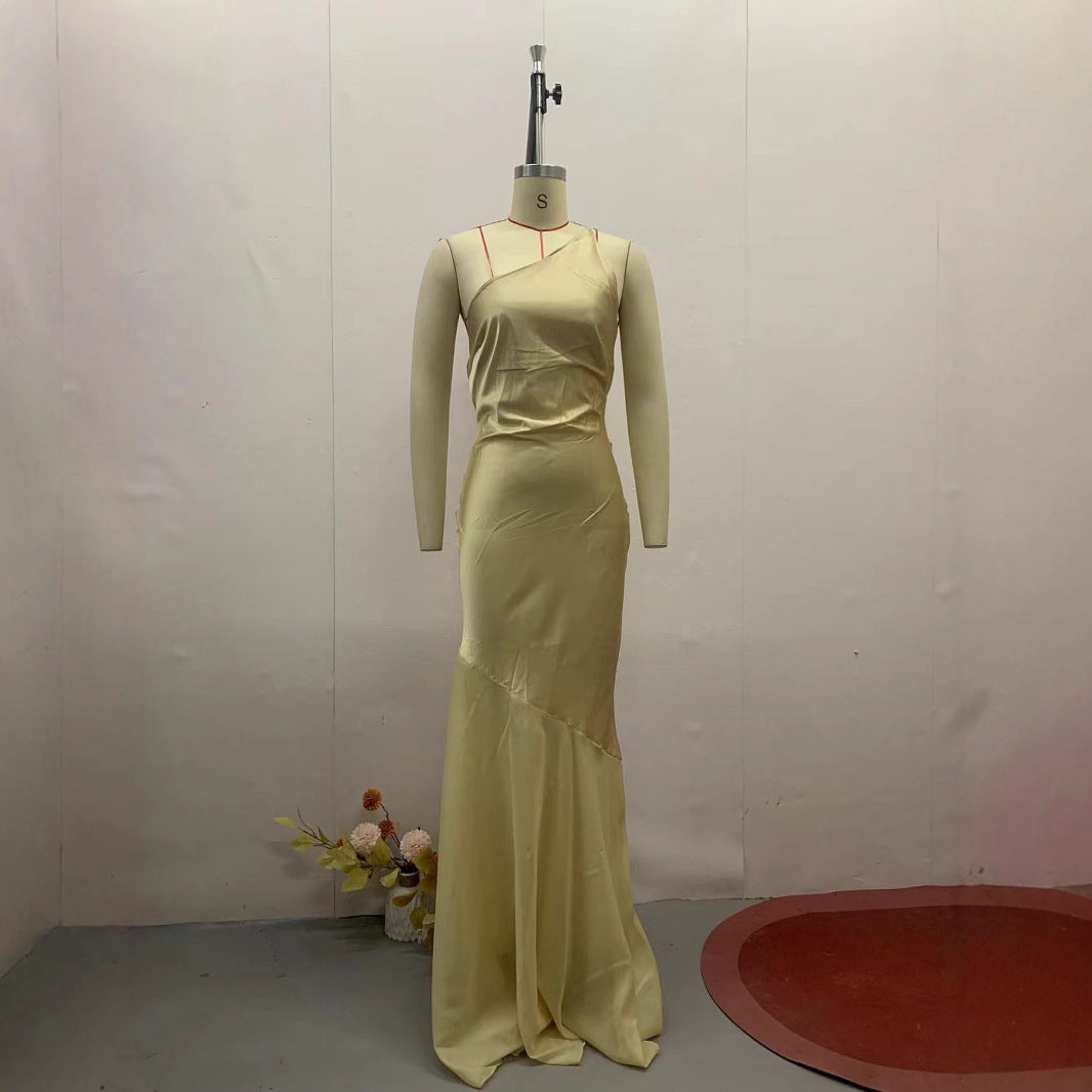 Summer New European And American Diagonal Collar Fashion Temperament Waist-controlled Dress