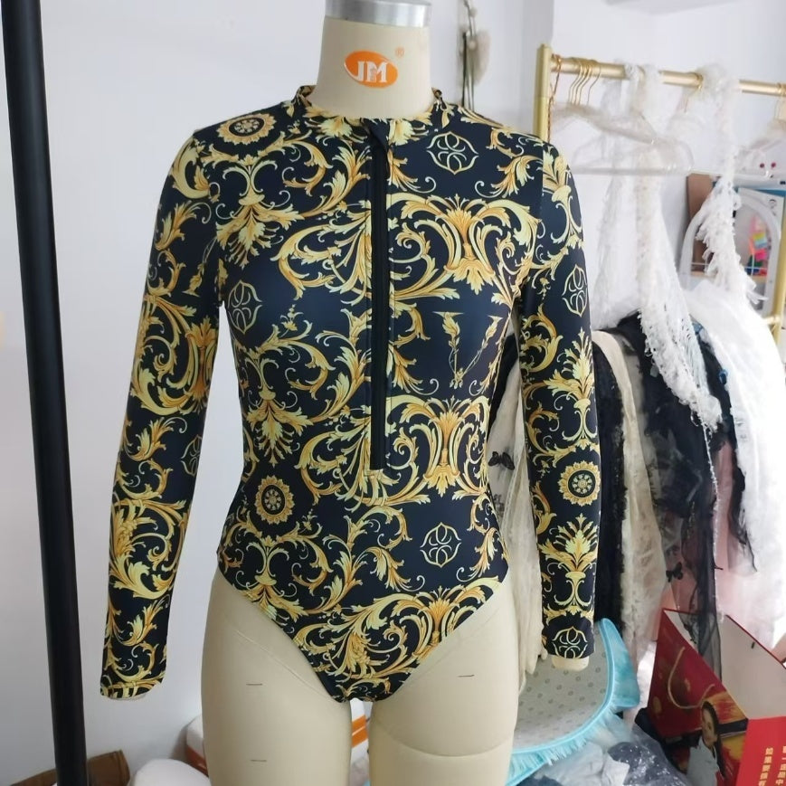 Fashion Digital Printing Long Sleeve Zipper One-piece Swimsuit For Women