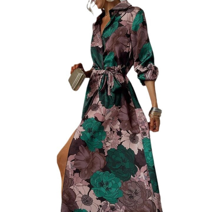 Printed Waist-controlled Lace-up Long Sleeve Dress