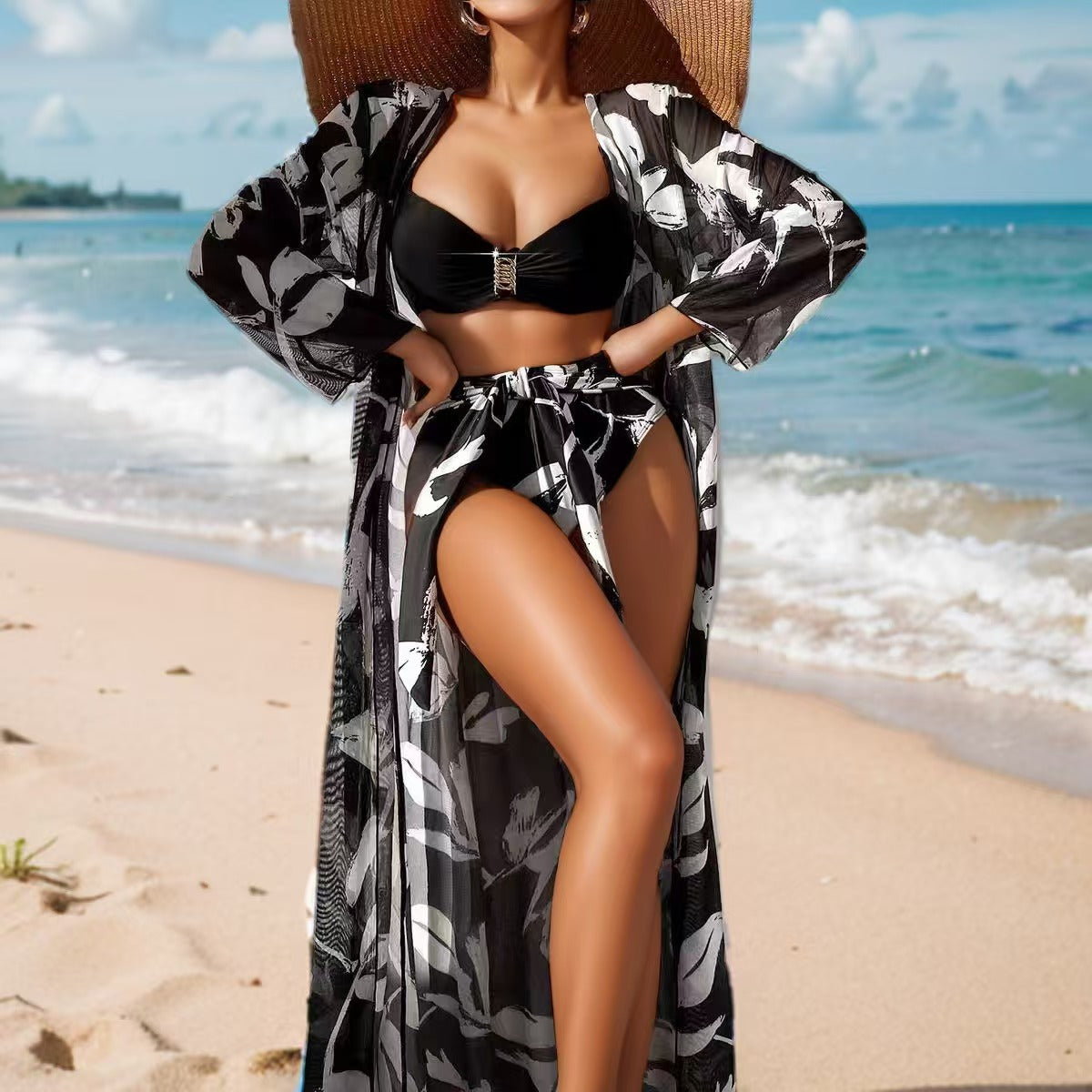 Three-piece Women's Long Shirt High Waist Swimsuit Split Bikini
