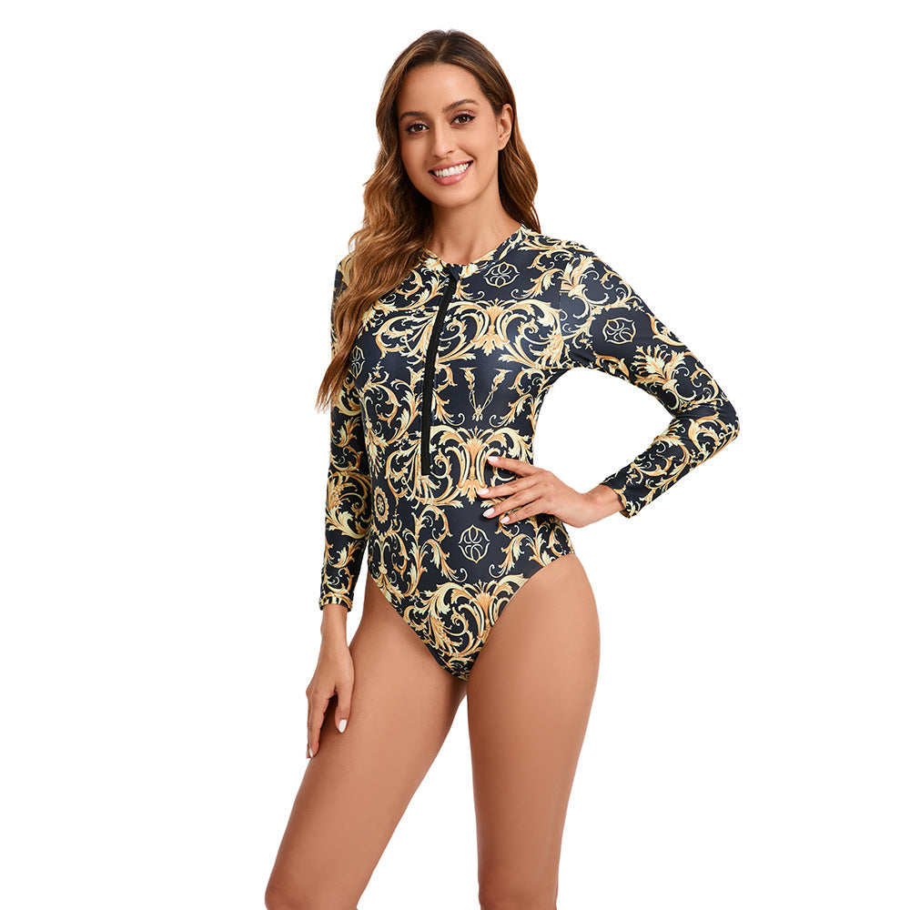 Fashion Digital Printing Long Sleeve Zipper One-piece Swimsuit For Women