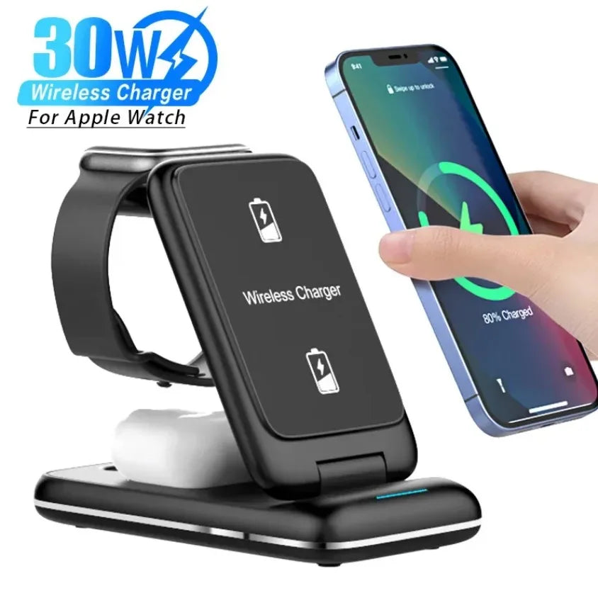 30W Fast Charging Dock Station 3 in 1 Foldable Wireless Charger Stand For iPhone 16 15 14 13 12 11 iWatch 8 7 6 Airpods Pro
