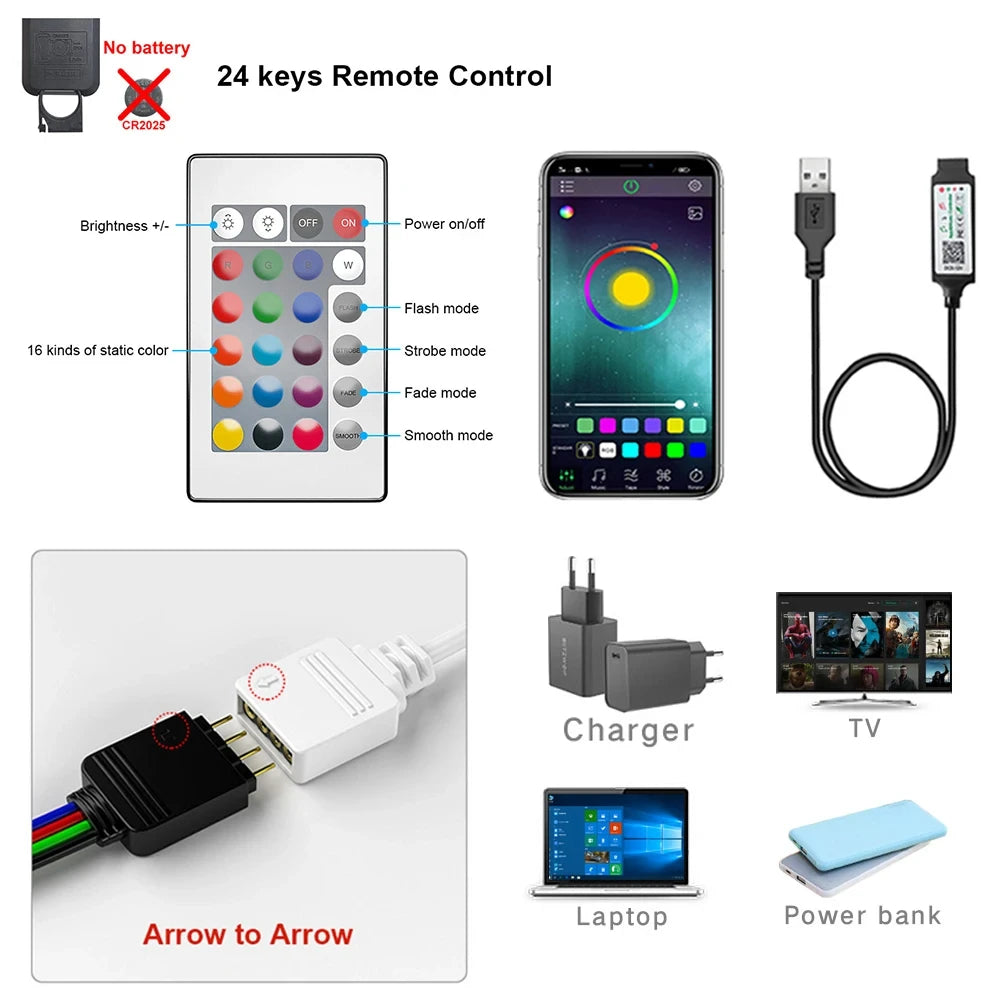 5V RGB 5050 LED Light Strip Tape USB Bluetooth With 24Keys Remote Control Color Change Flexible Lamp Tape Ribbon Diode For Home