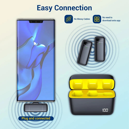 Wireless Stereo Lavalier Microphone Mini Outdoor Noise Cancelling with Charging Case for Live Interviews