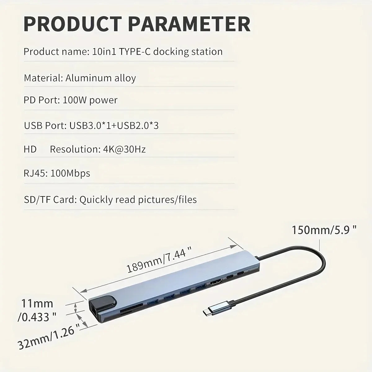USB C Docking Station with 4K@30Hz HDMI-compatible 100Mbps Ethernet PD100W Multi-port USB Splitter Hub for Thunderbolt3/4 Laptop