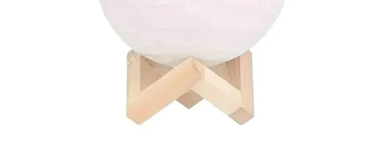 White spherical lamp on geometric wooden stand, minimalist home decor