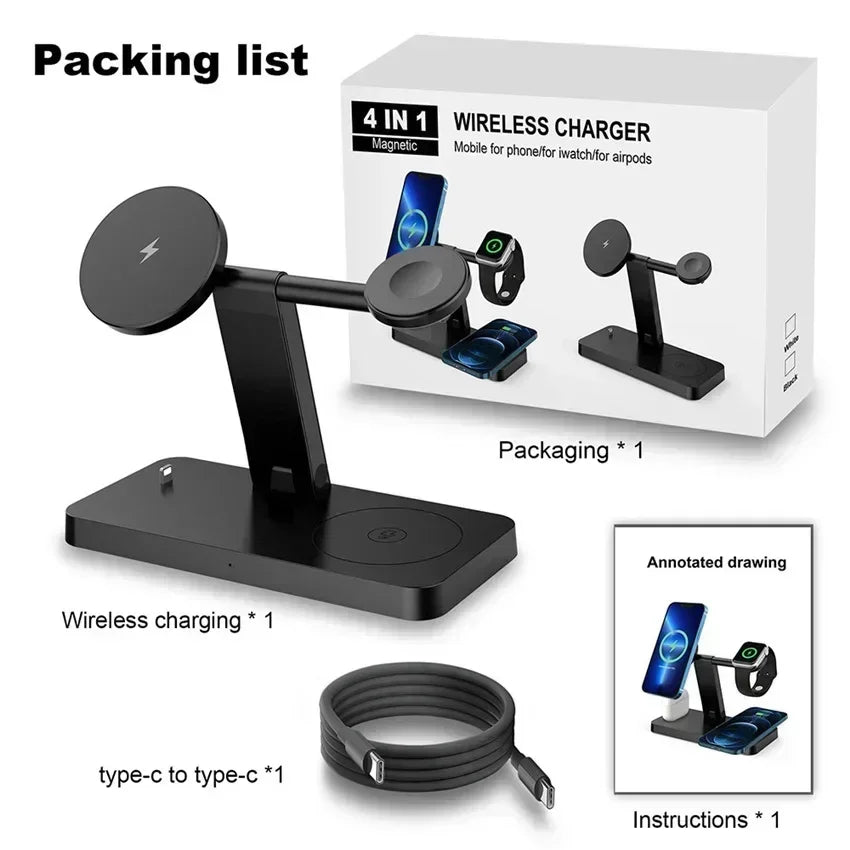 15W 4 In 1 Foldable Fast Charging Station Magnetic Wireless Charger Stand For Magsafe iPhone 12-16 iWatch Airpods Desktop Stand