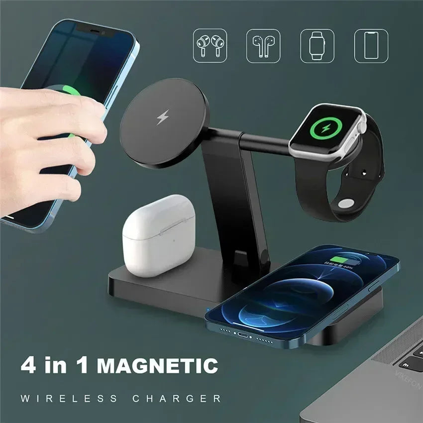 15W 4 In 1 Foldable Fast Charging Station Magnetic Wireless Charger Stand For Magsafe iPhone 12-16 iWatch Airpods Desktop Stand