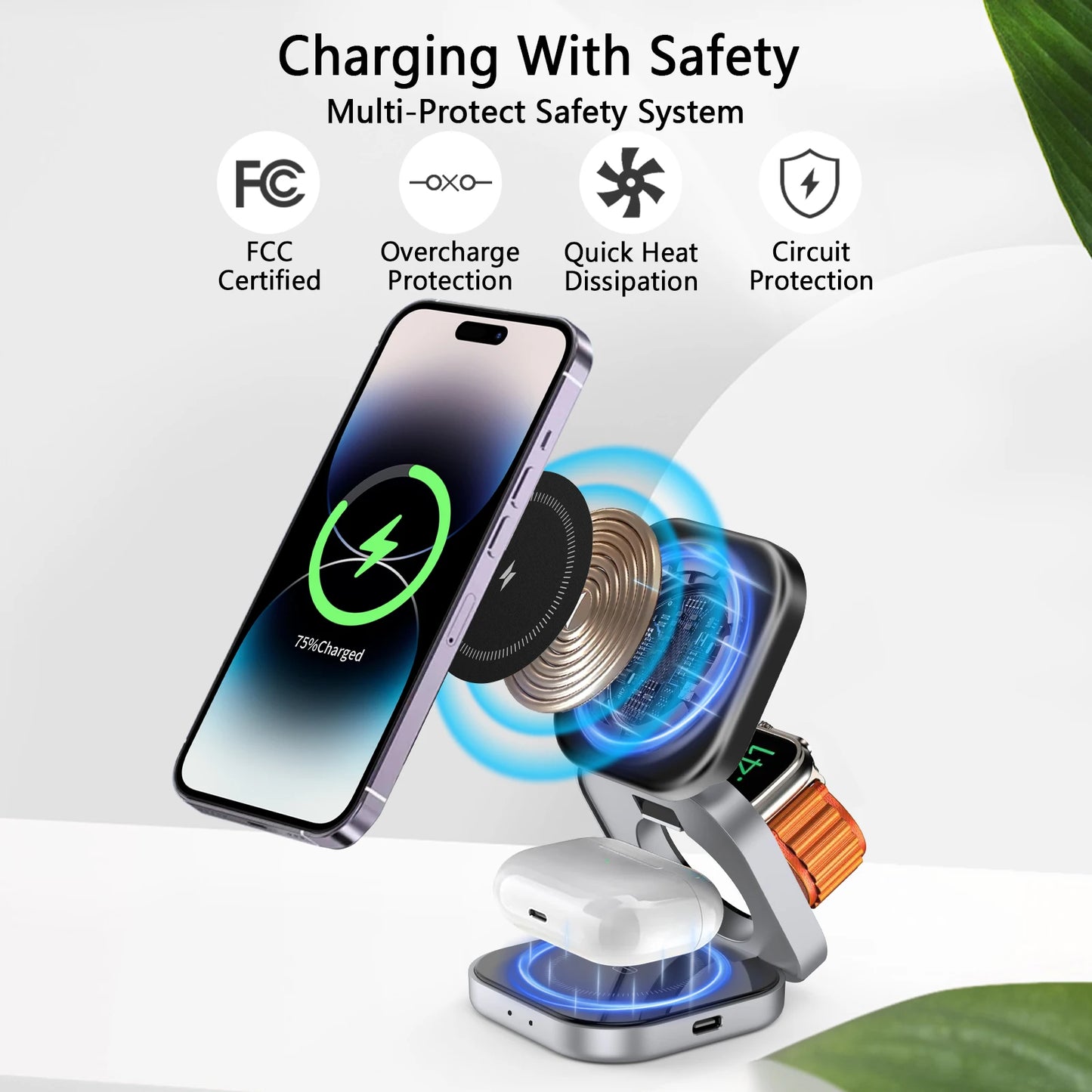 3 In 1 Foldable Magnetic Wireless Charger Stand For iPhone 15 14 13 Pro Max IWatch AirPods 3/2 Station Dock Fast Charging Holder