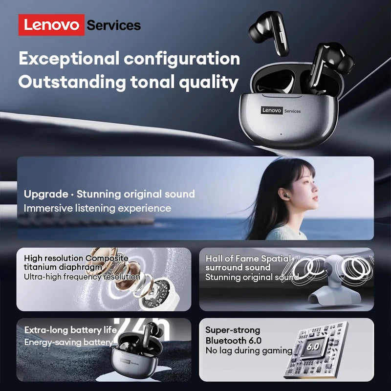 New Lenovo LE202 TWS Bluetooth 6.0 Gaming Earphones AI Call Noise Cancellation Sound Quality Headphone Long Battery Life Earbuds