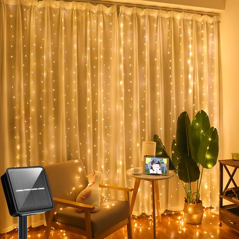 Solar Curtain Light LED Outdoor Waterloo Garland Decoration String Lights Yard Christmas Fairy Garland String Lights