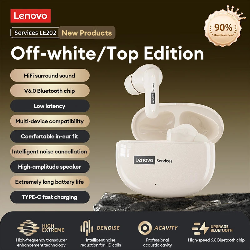 New Lenovo LE202 TWS Bluetooth 6.0 Gaming Earphones AI Call Noise Cancellation Sound Quality Headphone Long Battery Life Earbuds