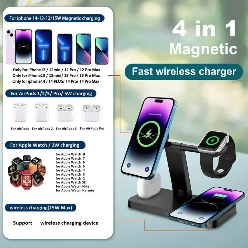 15W 4 In 1 Foldable Fast Charging Station Magnetic Wireless Charger Stand For Magsafe iPhone 12-16 iWatch Airpods Desktop Stand