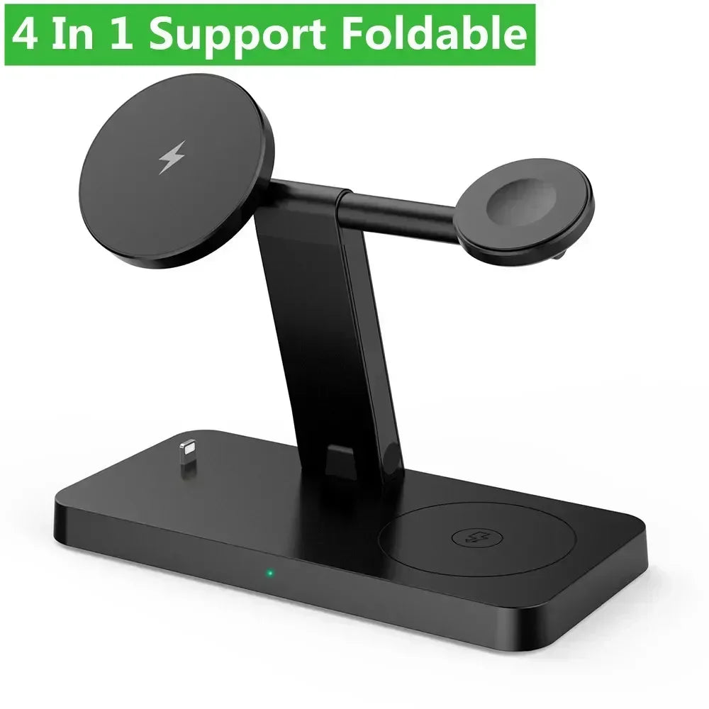 15W 4 In 1 Foldable Fast Charging Station Magnetic Wireless Charger Stand For Magsafe iPhone 12-16 iWatch Airpods Desktop Stand
