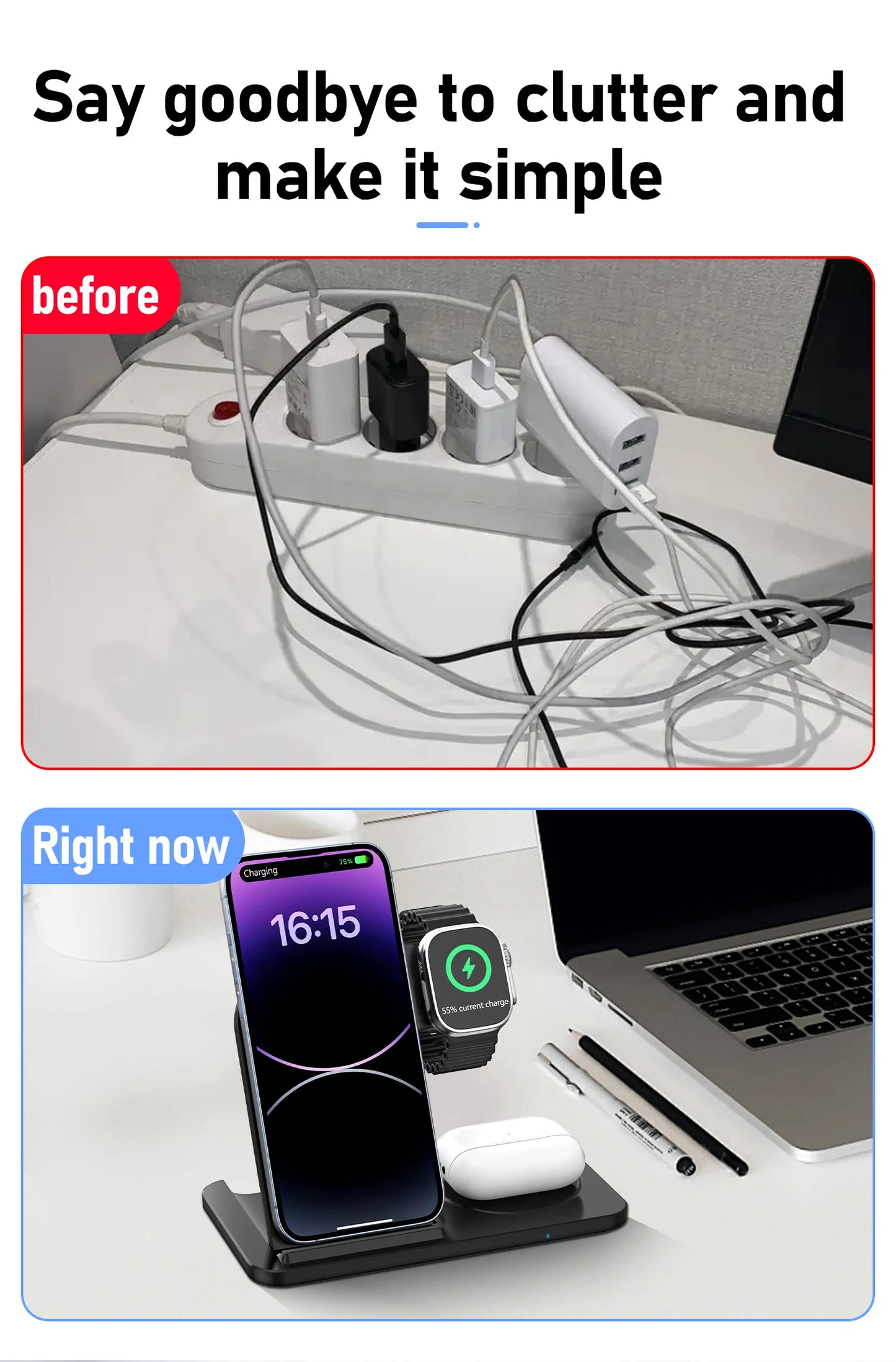 3 in 1 Wireless Charger Stand Pad For iPhone 15 14 13 12 X Max Foldable Fast Charging Station Dock For IWatch 8 7 SE AirPods Pro