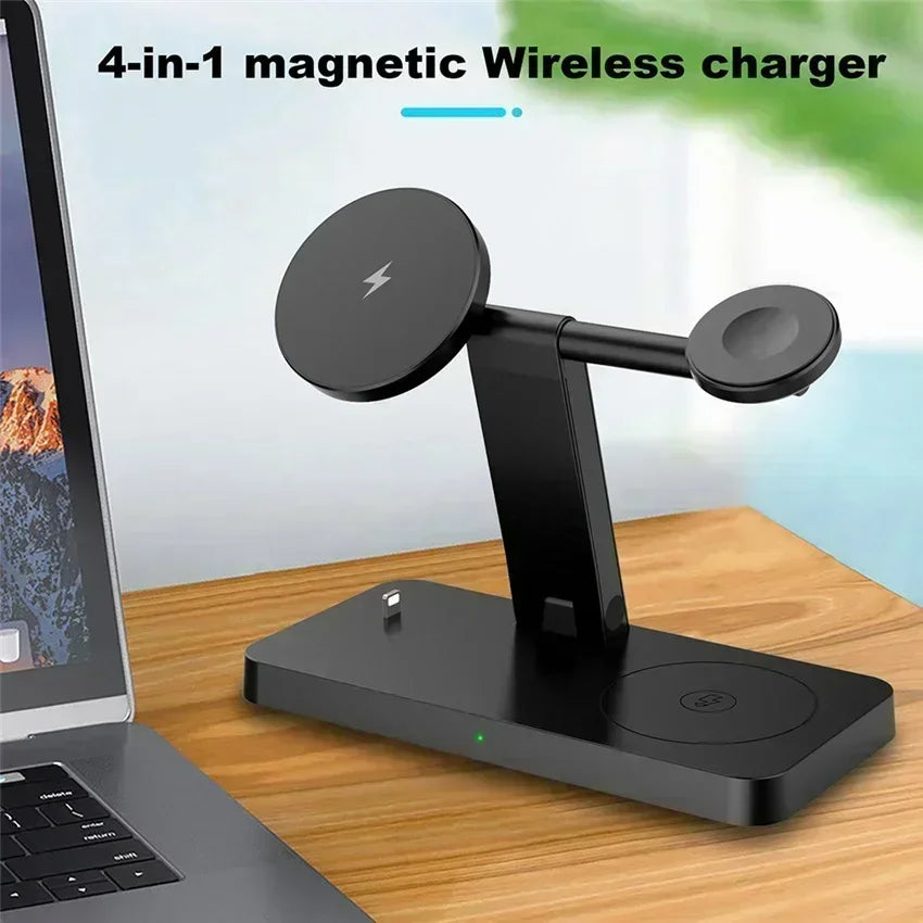 15W 4 In 1 Foldable Fast Charging Station Magnetic Wireless Charger Stand For Magsafe iPhone 12-16 iWatch Airpods Desktop Stand
