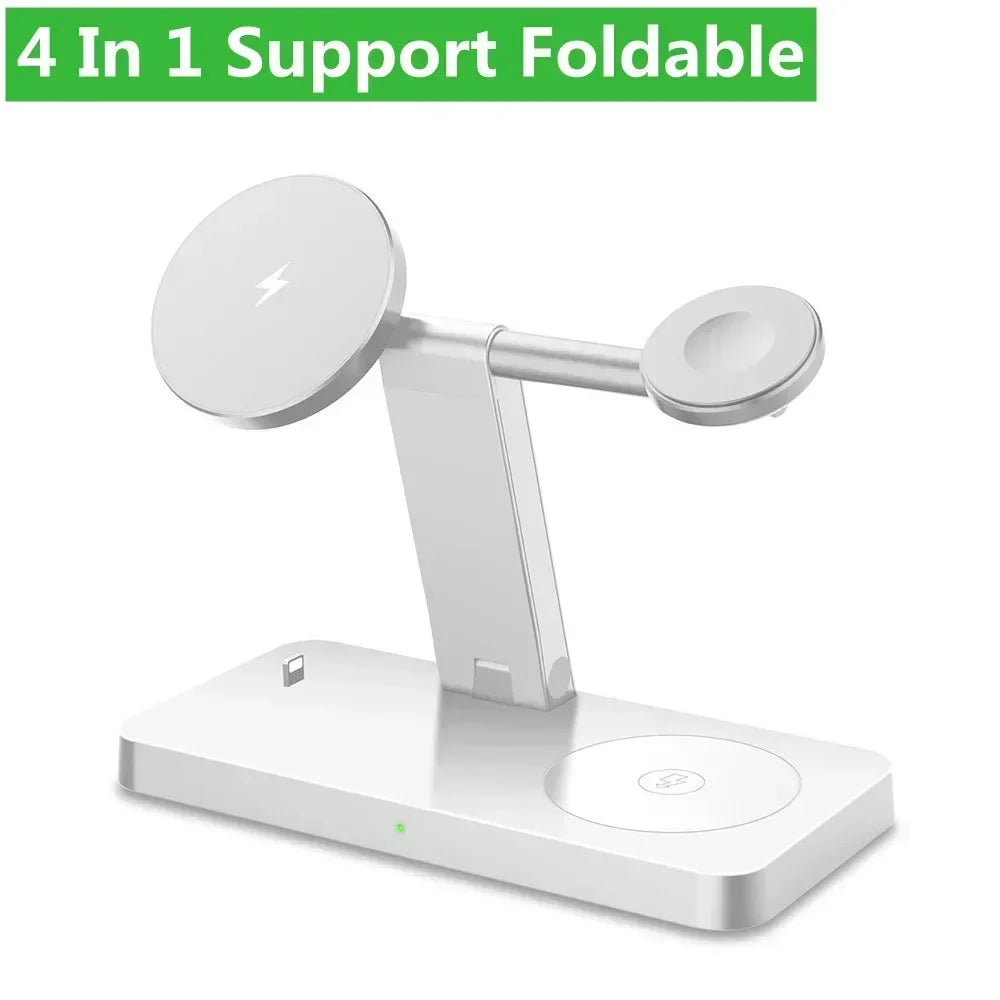 15W 4 In 1 Foldable Fast Charging Station Magnetic Wireless Charger Stand For Magsafe iPhone 12-16 iWatch Airpods Desktop Stand