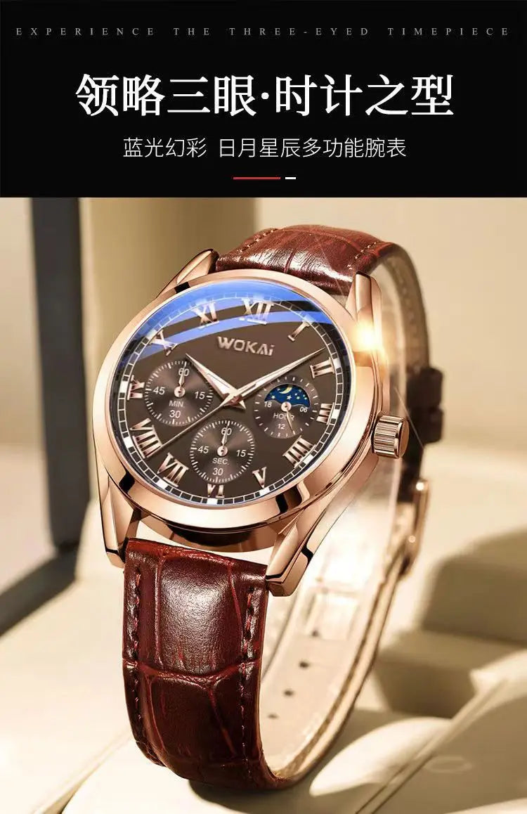 Fashion Business Three-Eye Roman Dial Bamboo Belt Quartz Watch