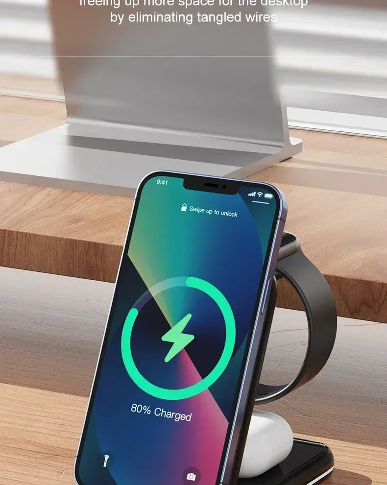 30W Fast Charging Dock Station 3 in 1 Foldable Wireless Charger Stand For iPhone 16 15 14 13 12 11 iWatch 8 7 6 Airpods Pro