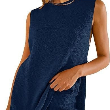 2pcs Women's Knitting Suit Summer Loose Round Neck Split Vest Top And Shorts Beach Clothing