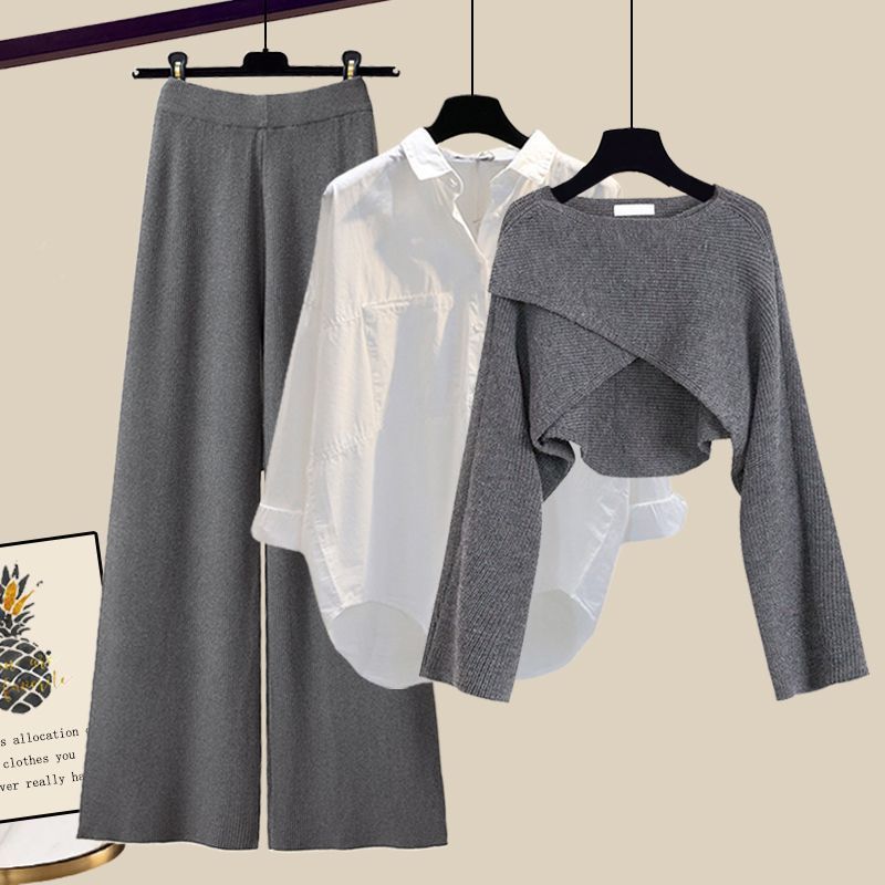 3pcs Knitted Sweater Suit With Shirt And Wide Leg Pants Autumn And Winter Suit Women