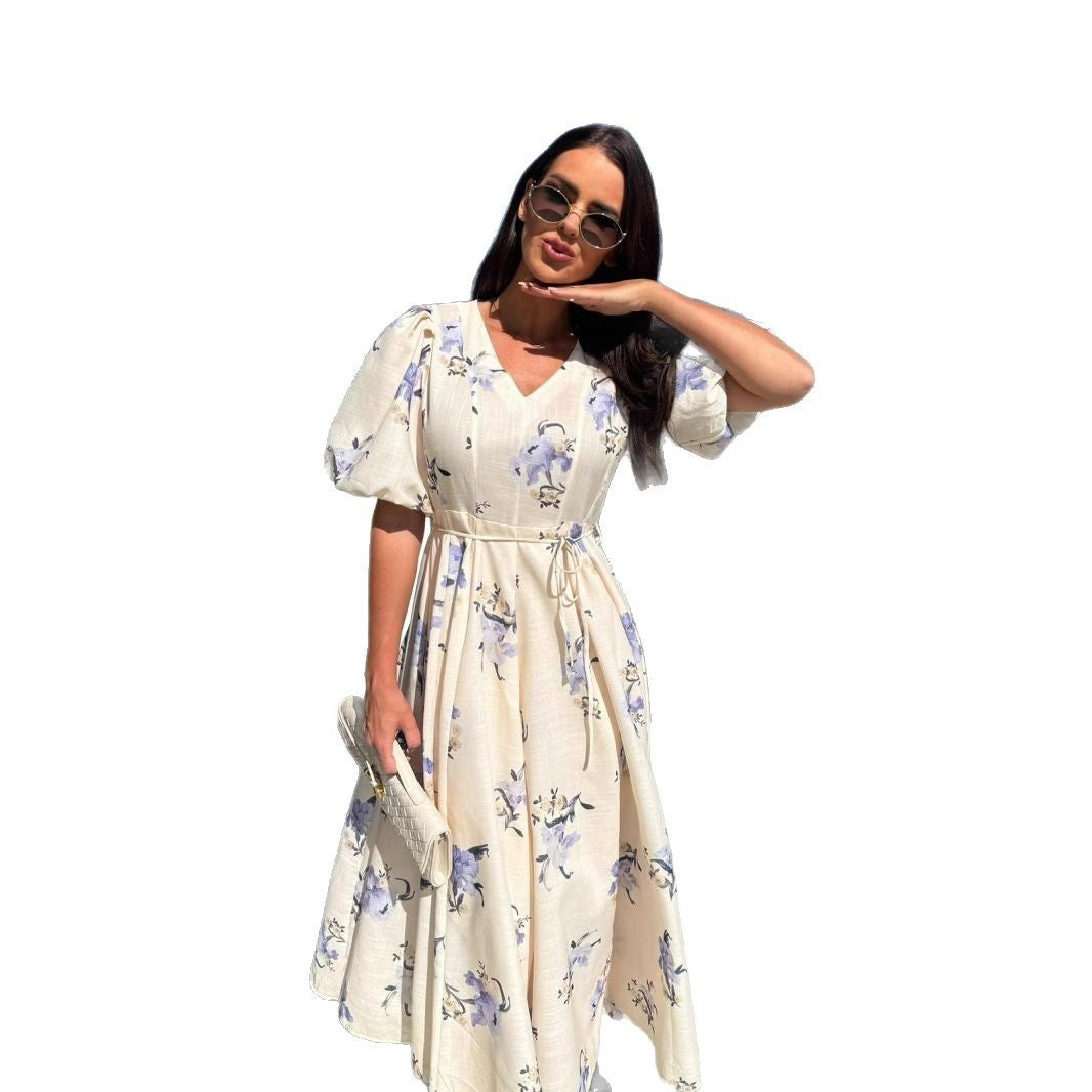 New V-neck Puff Sleeve Printed Lace-up Large Swing Dress