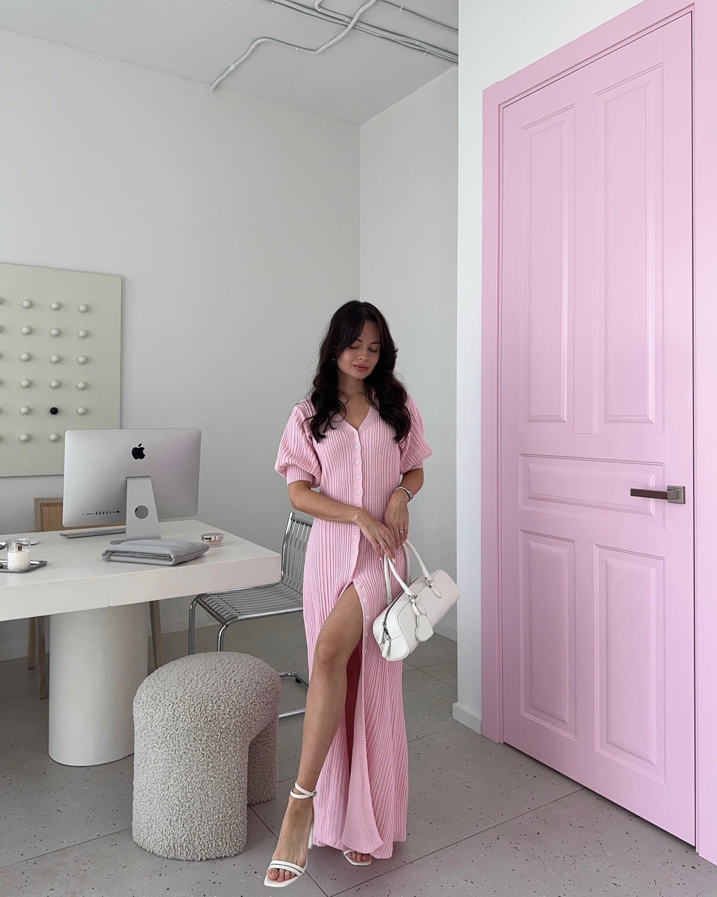 Bubble Sleeve Single-breasted Dress Lemon Yellow Retro Women