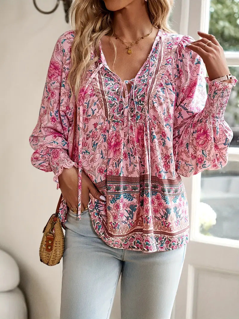 Bohemian Vacation Style Printed V-neck Lace-up Long Sleeve Top