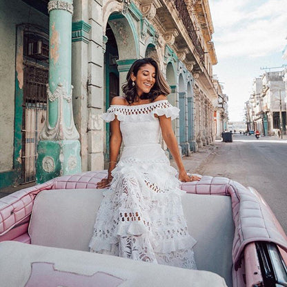 Women's Off-shoulder Ruffled Hollow Wide Hem Lace Dress