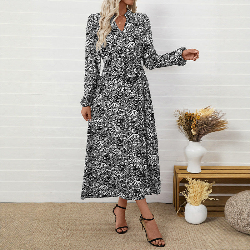 Ethnic Printed Elegant V-neck Long-sleeve Dress