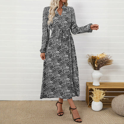 Ethnic Printed Elegant V-neck Long-sleeve Dress