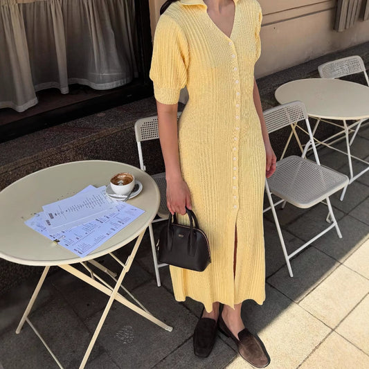 Bubble Sleeve Single-breasted Dress Lemon Yellow Retro Women