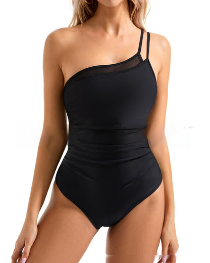 One Piece Sexy Bikini Mesh Hollow Solid Color Pleated Swimsuit For Women
