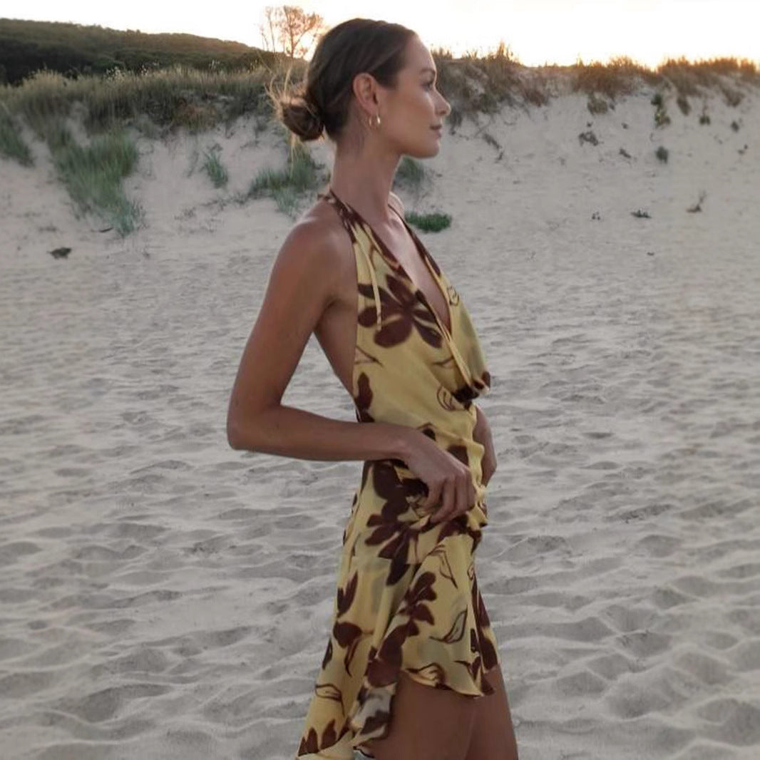 Halter Swing Collar Abstract Printing Sleeveless Dress