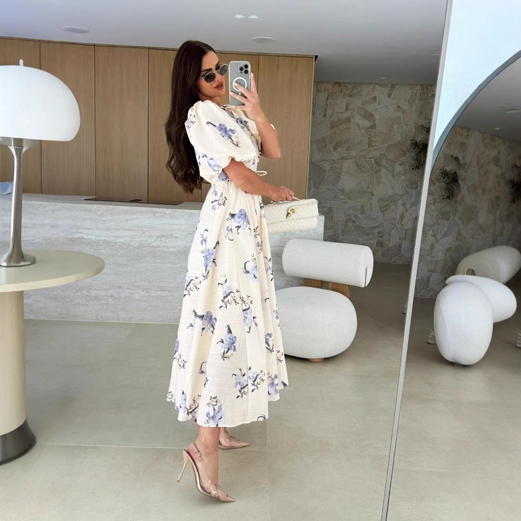 New V-neck Puff Sleeve Printed Lace-up Large Swing Dress