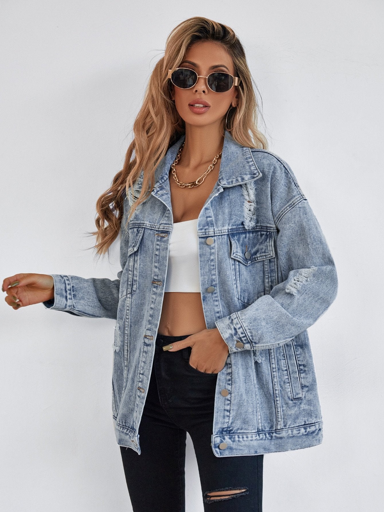 Button Blue Front Flap Pocket Drop Shoulder Denim Jacket