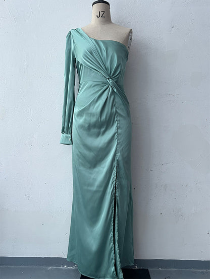 Women's One-shoulder Split Dress Ins Fashion Long-sleeved Slim Long Dresses Party Evening Clothing