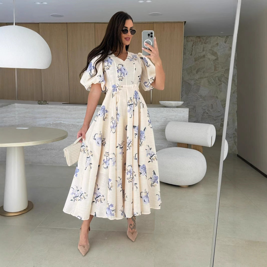 New V-neck Puff Sleeve Printed Lace-up Large Swing Dress