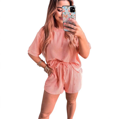 Short-sleeved Wavy Round Neck Top Elastic Waist Shorts Two-piece Set