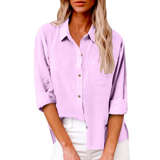Pocket Split Cotton And Linen Long-sleeved Shirt
