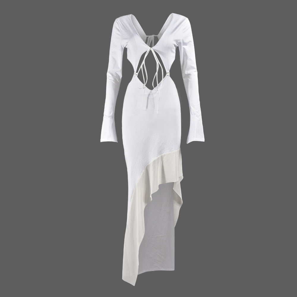 Women's Chest-wrapped Long Sleeve V-neck Lace-up Long Dress