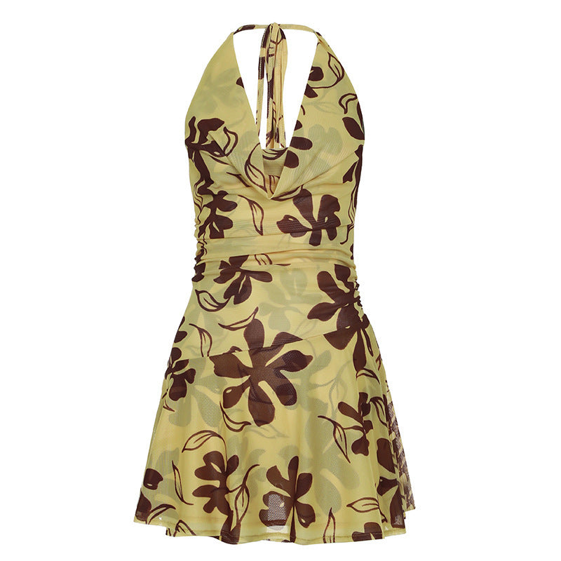 Halter Swing Collar Abstract Printing Sleeveless Dress
