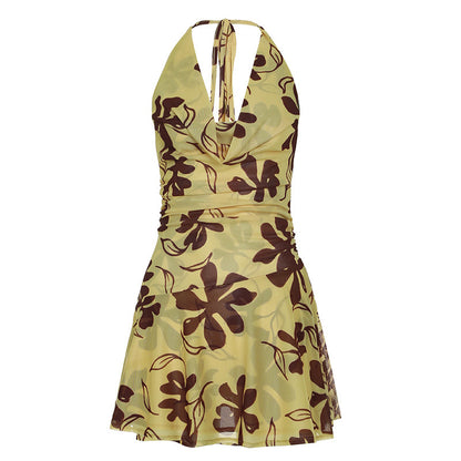 Halter Swing Collar Abstract Printing Sleeveless Dress
