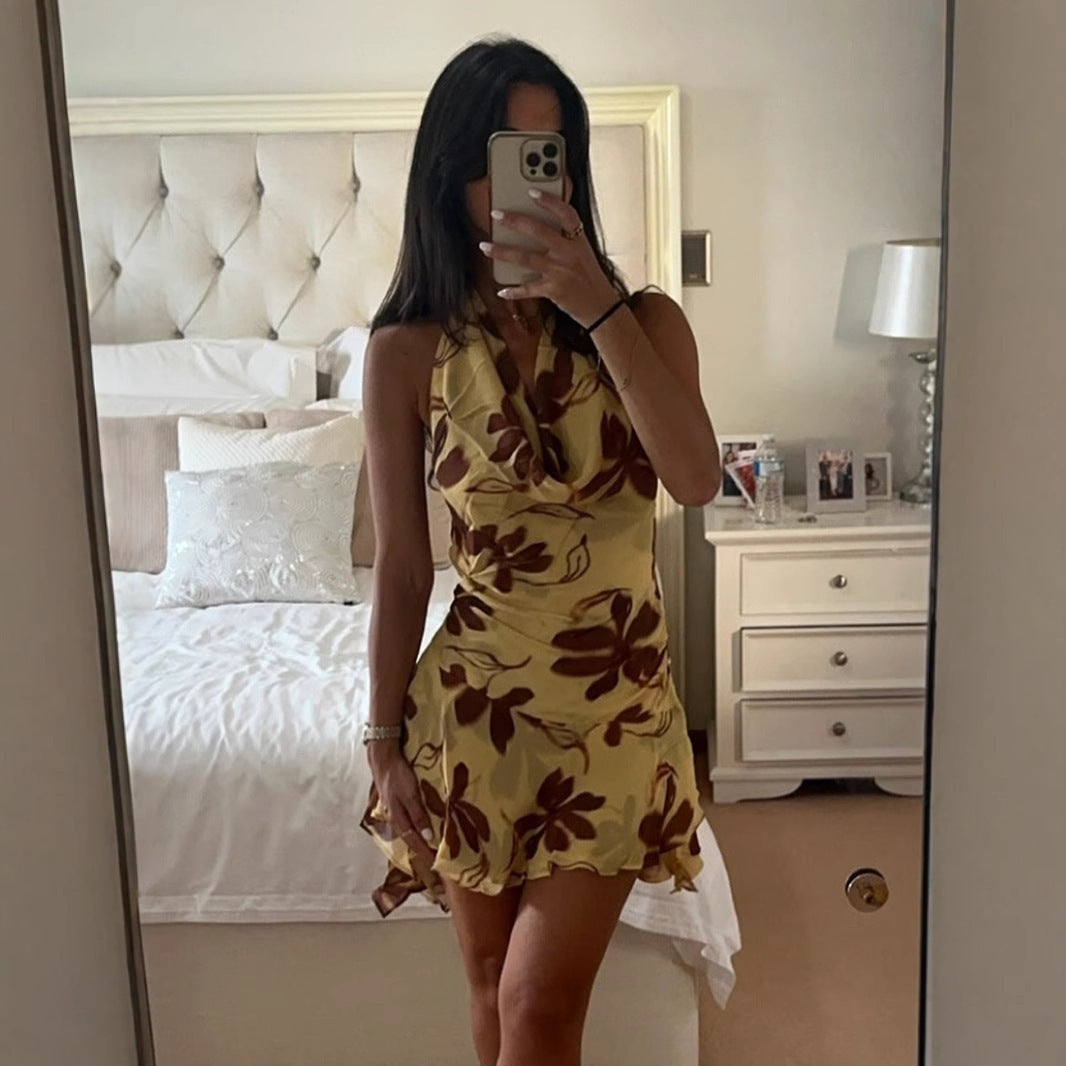 Halter Swing Collar Abstract Printing Sleeveless Dress