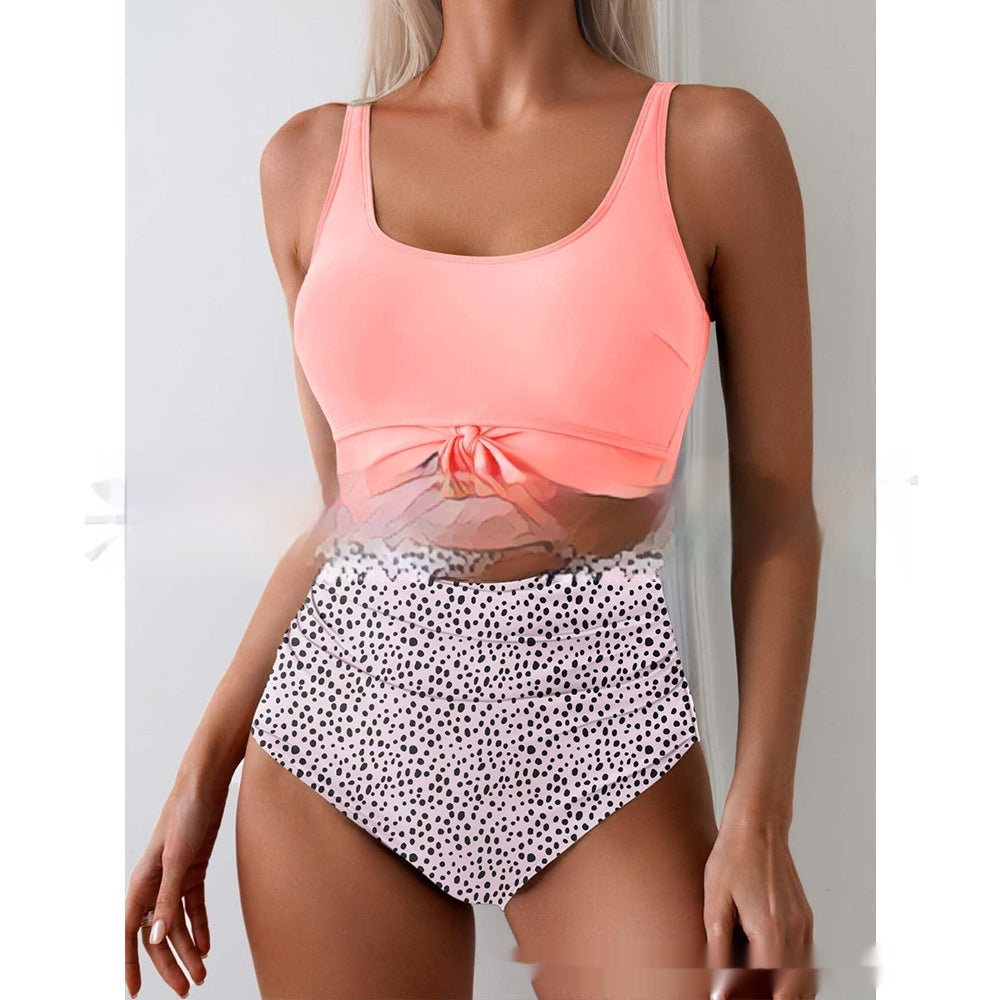 One-piece Female Stitching Contrast Color Strap Covered Belly Swimsuit